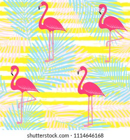 flamingo pattern with palm tropical leaves, exotic tropical Pink birds vector decoration on stripes, summer beautiful fashion water color lines seamless background on white