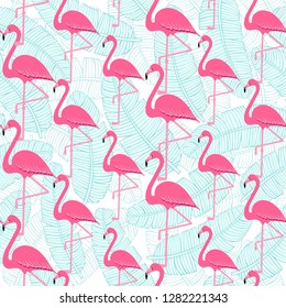 flamingo pattern with palm tropical leaves, exotic tropical Pink birds vector decoration on stripes, summer beautiful fashion water color lines seamless background on white