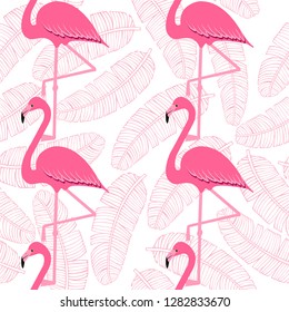 flamingo pattern with palm tropical leaves, exotic tropical Pink birds vector decoration on stripes, summer beautiful fashion water color lines seamless background on white