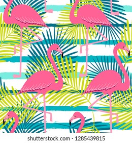 flamingo pattern with palm tropical leaves, exotic tropical Pink birds vector decoration on stripes, summer beautiful fashion water color lines seamless background on white