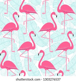 flamingo pattern with palm tropical leaves, exotic tropical Pink birds vector decoration on stripes, summer beautiful fashion water color lines seamless background on white