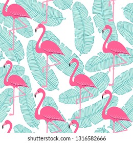flamingo pattern with palm tropical leaves, exotic tropical Pink birds vector decoration on stripes, summer beautiful fashion water color lines seamless background on white