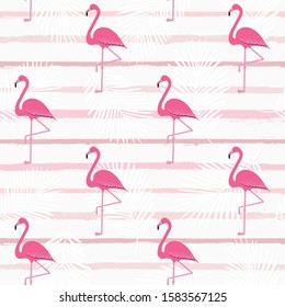 Flamingo pattern with palm tropical leaves, exotic tropical pink birds vector decoration on pink stripes, summer beautiful girly water color lines seamless background on white