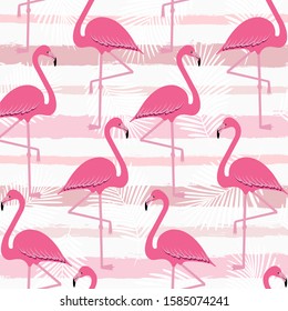 Flamingo pattern with palm tropical leaves, exotic tropical pink birds vector decoration on pink stripes, summer beautiful girly water color lines seamless background on white