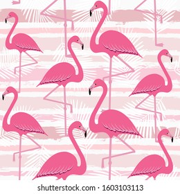 Flamingo pattern with palm tropical leaves, exotic tropical pink birds vector decoration on pink stripes, summer beautiful girly water color lines seamless background on white