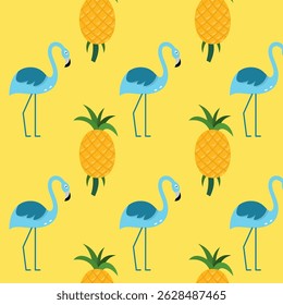 Flamingo pattern with pineapple fruit in flat design style