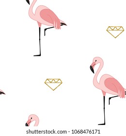 Flamingo pattern. Pink flamingo with a gold diamond. Romantic pattern with flamingos and gold elements.