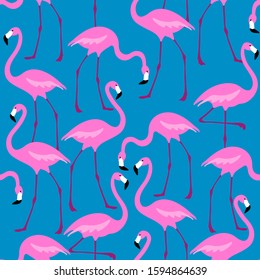 Flamingo pattern. Seamless background with pink bird. Exotic tropical repeated banner.  Flat cartoon vector illustration. 