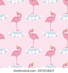 Flamingo pattern. Seamless background with pink bird. Exotic tropical repeated banner. Flat cartoon vector illustration.