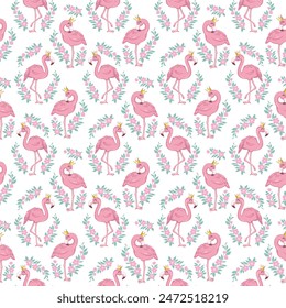 Flamingo pattern. Seamless background with pink bird. Exotic tropical repeated banner. Flat cartoon vector illustration.