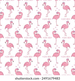 Flamingo pattern. Seamless background with pink bird. Exotic tropical repeated banner. Flat cartoon vector illustration.