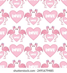 Flamingo pattern. Seamless background with pink bird. Exotic tropical repeated banner. Flat cartoon vector illustration.