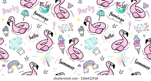 Flamingo Pattern Seamless. Pink Flamingo Pool Swim Ring With Hand Draw Doodle Summer Element On White Background. Kawaii Flamingo Background In Pastel Color. 