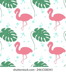 Flamingo pattern - trendy seamless pattern in flat style with flamingo silhouettes and tropical leaves. Illustration design template.