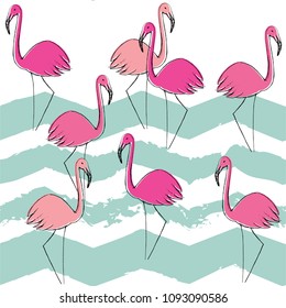 Flamingo pattern, vector, illustration. Vector seamless pattern with flamingo and zig-zag lines.Pink flamingo vector background design for fabric and decor.