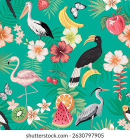 Flamingo, pelican, parrot, exotic bird, hibiscus flower, cherry, orange, banana, strawberry, kiwi, watermelon fruit, palm leaves seamless pattern. Summer tropical exotic print.