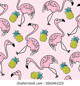 Flamingo and pineapple drawings as seamless endless repeating pattern / Vector illustration design for fashion fabrics, textile graphics, prints, wallpapers and other uses.