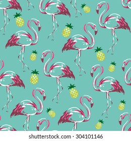 flamingo, pineapple sketch vector illustration seamless