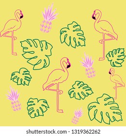 Flamingo pineapple and tropical leaves pattern vector