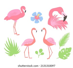 Flamingo pink bird. Hibiscus flowers and palm leaves. Tropical collection for summer beach party. Vector illustration isolated on white background.