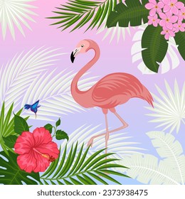 Flamingo, pink bird with long legs and necks. Border and background with tropical flowers, palm tree leaves, a hummingbird. Clipping mask applied.