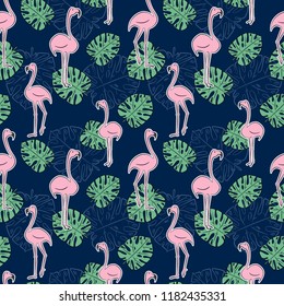 Flamingo pink bird with monstera leaf seamless pattern