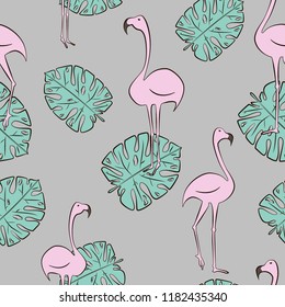 Flamingo pink bird with monstera leaf seamless pattern