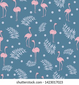 Flamingo pink bird with monstera leaf seamless pattern for kids