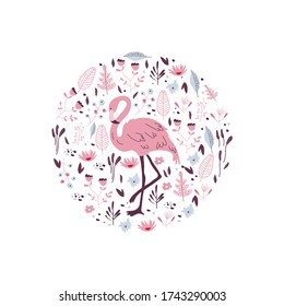 Flamingo Pink Bird with Tropical Palm Leaves and Jungle Plants Framed in Circle Vector Illustration. Exotic Bird of Paradise and Hawaiian Foliage Bouquet