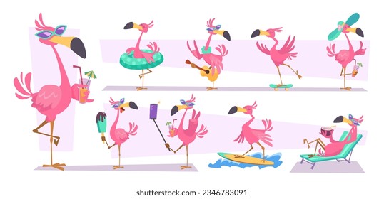 Flamingo. Pink cartoon birds exact vector tropical birds flying standing running