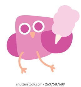 Flamingo pink colored bird having fun at a carnival while holding pastel pink cotton candy. Circus festival fun and games. Avian sticker icon suitable for character mascots and mobile games. EPS 10.