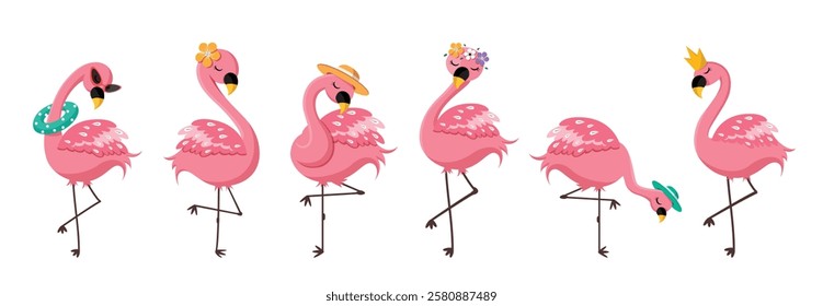 Flamingo pink drawing clipart set. Summer bird cute flamingo clip art collection tropical symbol elements vector illustration. 