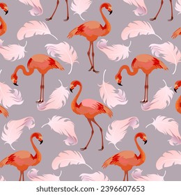 Flamingo and pink feathers.Vector seamless pattern with pink feathers and flamingos on a colored background.