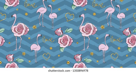 Flamingo pink with gold elements and monstera tropical leaf on strips. Seamless pattern