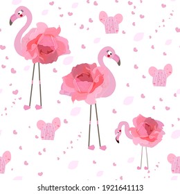 
Flamingo with pink hand drawn roses, hearts and cactus. Happy Mother's Day, Valentine's day, baby shower...etc background. Seamless pattern for textile design. Tropical romantic pattern background