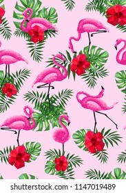 flamingo pink hibiscus monstera palm leaves pink low-polygonal triangulation pattern EPS 10