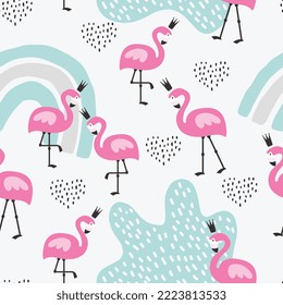 flamingo pink kawaii with pastel mint boho elements, cute animals fabric and textile print design.