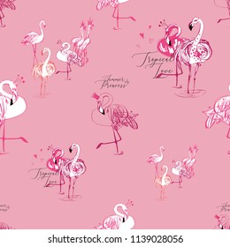 Flamingo pink love pattern. Tropical birds on pink background. Black hand drawn graphic illustration.
