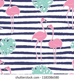 Flamingo pink pattern with monstera tropical leaf on strips