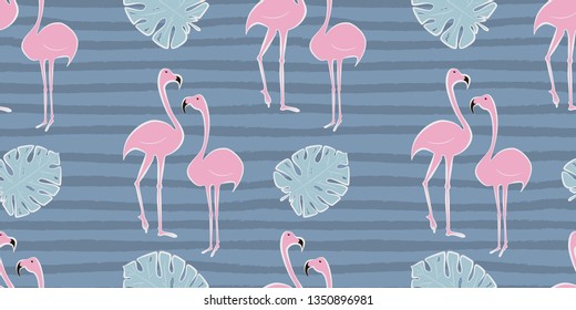 Flamingo pink pattern with monstera tropical leaf on strips