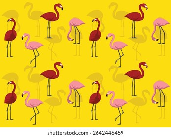 Flamingo Pink Red Bird Flying Poses Cartoon Character Seamless Wallpaper Background