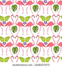 flamingo de color rosa sin soldadura con hojas de monstera y palmera y flores
