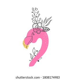 Flamingo pink with sequins and flowers on a white background. Postcard in Scandinavian style