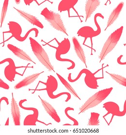 Flamingo pink silhouette.  Flamingo feathers. Tropical  bird. Seamless pattern. Vector illustration isolated on white background.