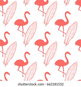 Flamingo pink silhouette. Hand drawing Flamingo feathers. Tropical  bird. Seamless pattern. Vector illustration isolated on white background.