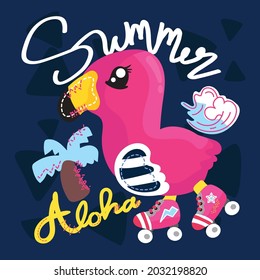 flamingo, player, and rollers summer little cute flamingo skate  dash style with on the  graphic for typography  poster color pink blue  background illustration vector.