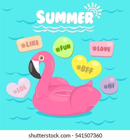 Flamingo pool float with pool background, hashtag, social media