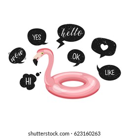 Flamingo. Pool float and funny speech bubbles with grunge texture - yes, wow, ok, hello, love, like.Vector. Flamingo swim ring. Summer beach concept. Trendy pink flamingo inflatable circle. Life buoy.