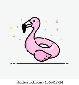 Flamingo pool swim ring icon in flat line style. Cute pink flamingo inflatable pool for business logo, social media banner and summer poster.