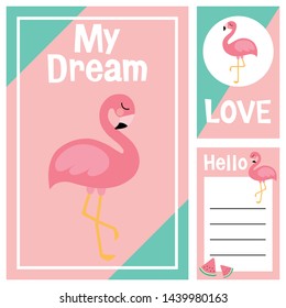 Flamingo Poster Note Sticker, Note Paper and Stickers Set with Vector Funny Animals Illustration Vector, Template for Greeting Scrapbook, Sticker Set for Organizer